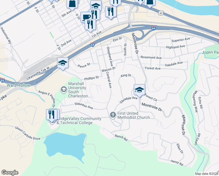 map of restaurants, bars, coffee shops, grocery stores, and more near 346 Central Avenue in Charleston