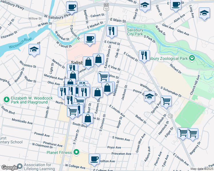 map of restaurants, bars, coffee shops, grocery stores, and more near 701 Webster Street in Salisbury