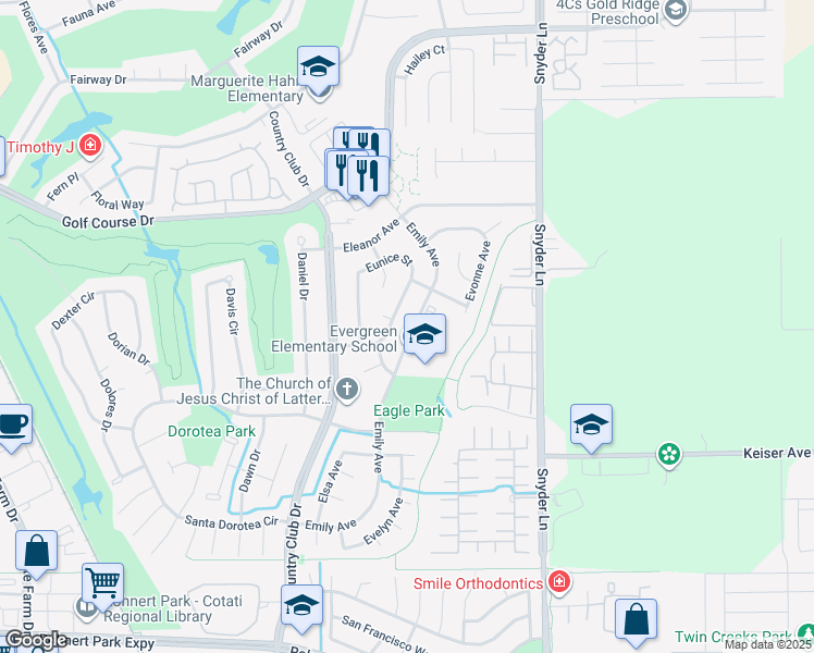 map of restaurants, bars, coffee shops, grocery stores, and more near 1128 Emily Avenue in Rohnert Park