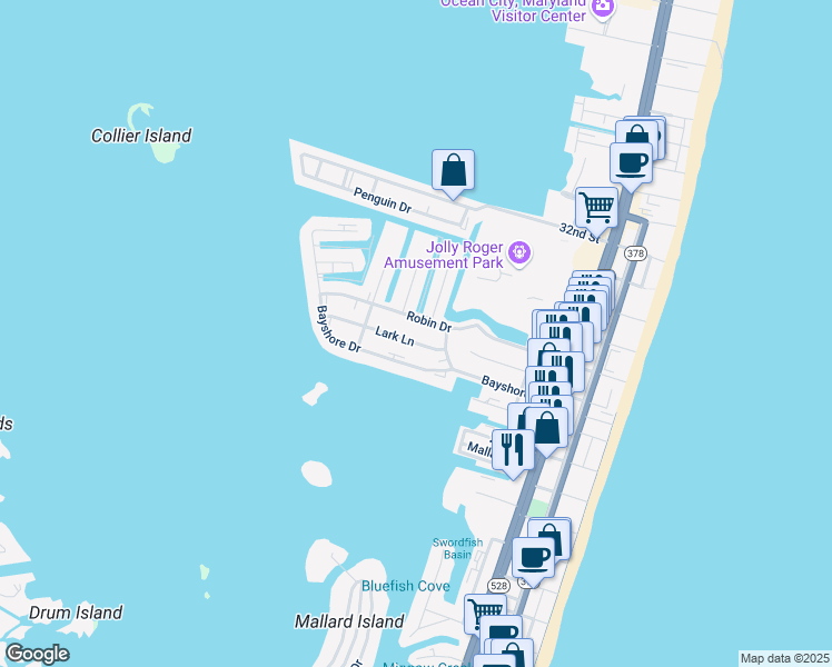 map of restaurants, bars, coffee shops, grocery stores, and more near 410 Lark Lane in Ocean City