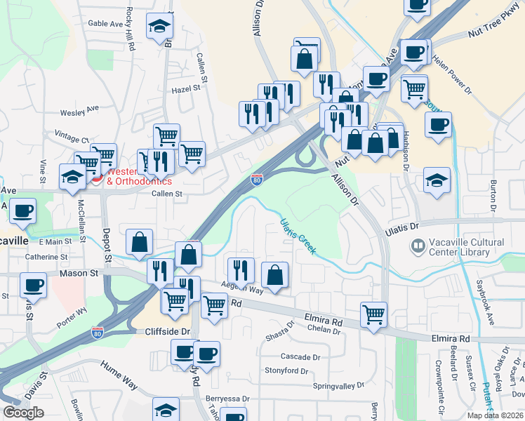 map of restaurants, bars, coffee shops, grocery stores, and more near 116 Sunset Drive in Vacaville