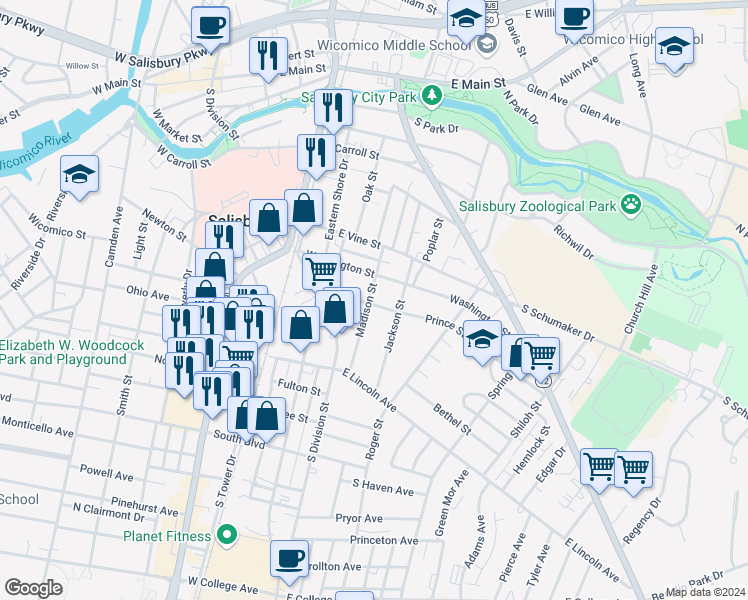map of restaurants, bars, coffee shops, grocery stores, and more near 611 Madison Street in Salisbury