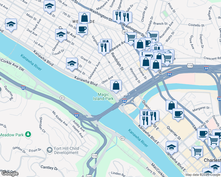 map of restaurants, bars, coffee shops, grocery stores, and more near 206 Kanawha Boulevard West in Charleston