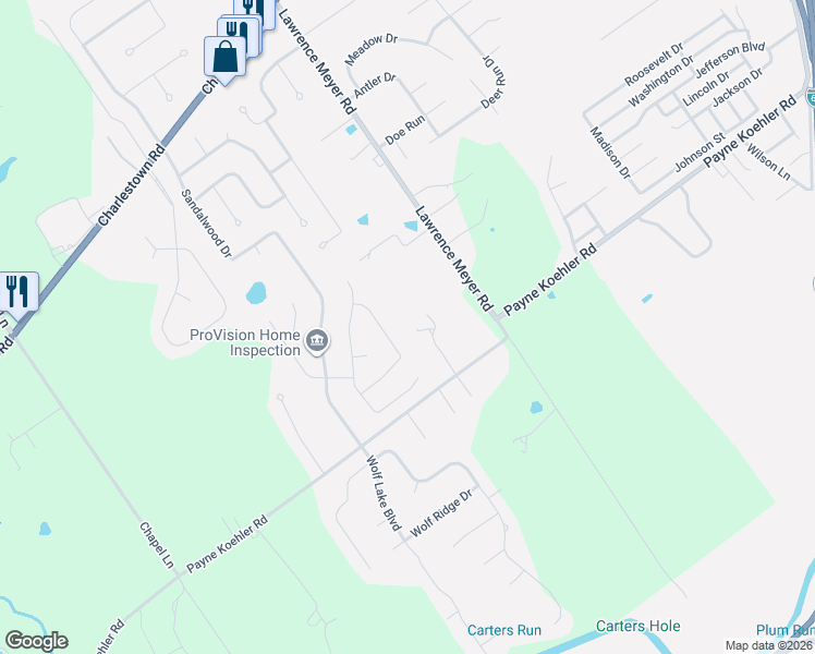 map of restaurants, bars, coffee shops, grocery stores, and more near 4631 Payne Koehler Road in New Albany