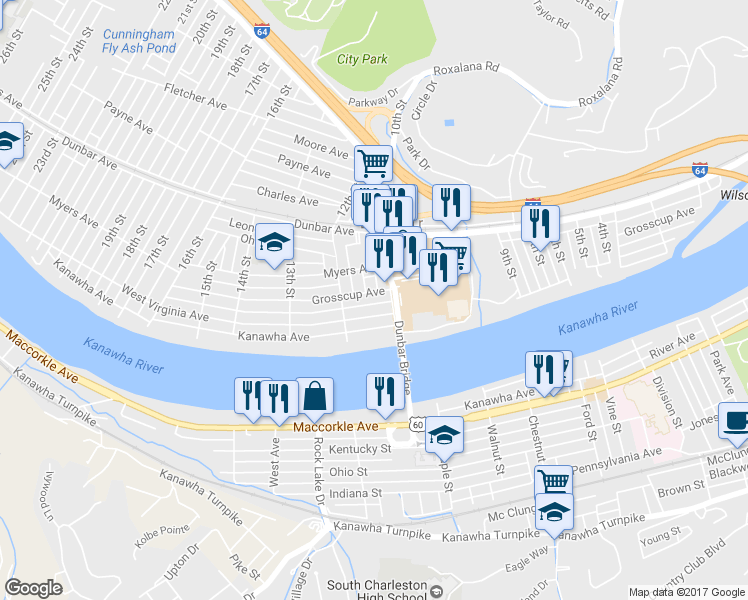 map of restaurants, bars, coffee shops, grocery stores, and more near 121 10th Street in Dunbar