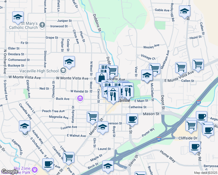 map of restaurants, bars, coffee shops, grocery stores, and more near 141A Parker Street in Vacaville