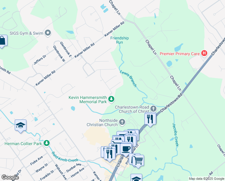 map of restaurants, bars, coffee shops, grocery stores, and more near 4200 Shetland Court in New Albany
