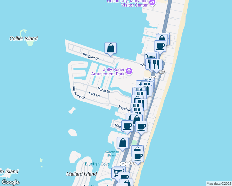 map of restaurants, bars, coffee shops, grocery stores, and more near 321 Robin Drive in Ocean City