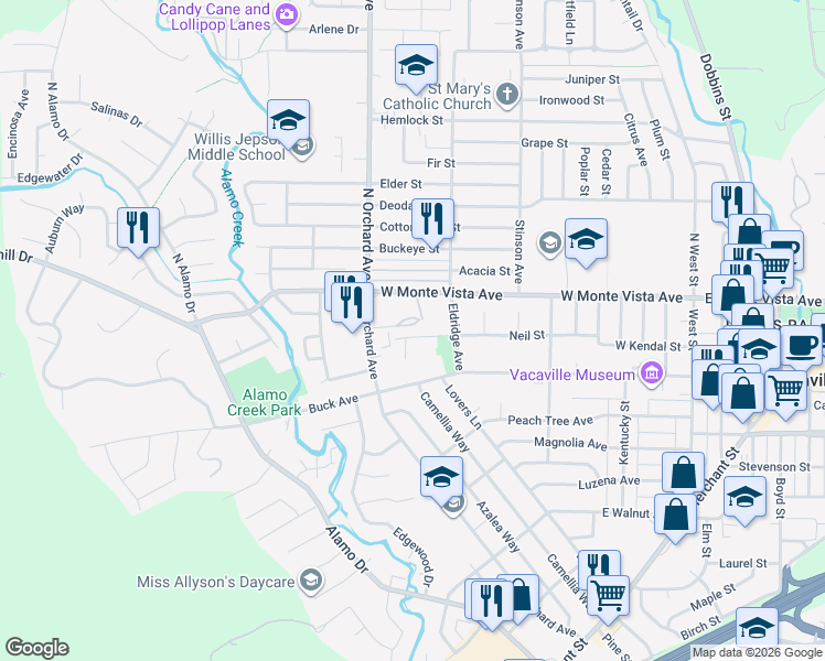 map of restaurants, bars, coffee shops, grocery stores, and more near 437 Morales Court in Vacaville
