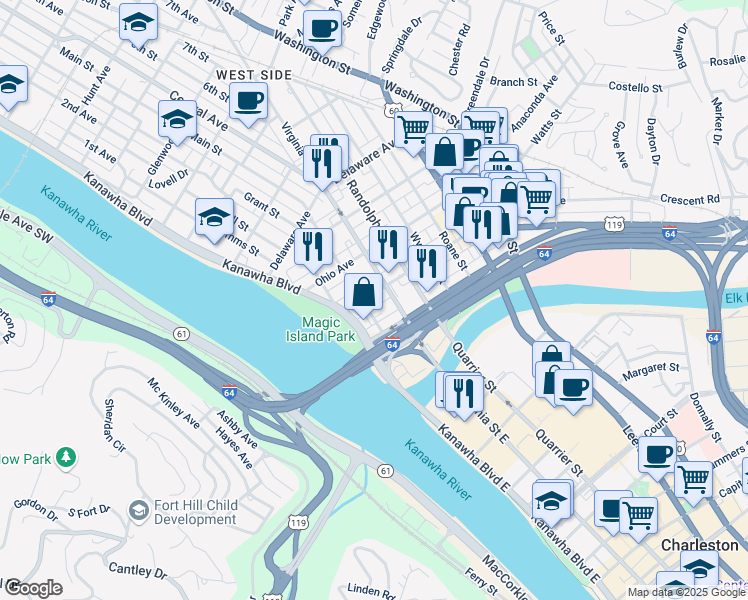 map of restaurants, bars, coffee shops, grocery stores, and more near 12 Virginia Street West in Charleston