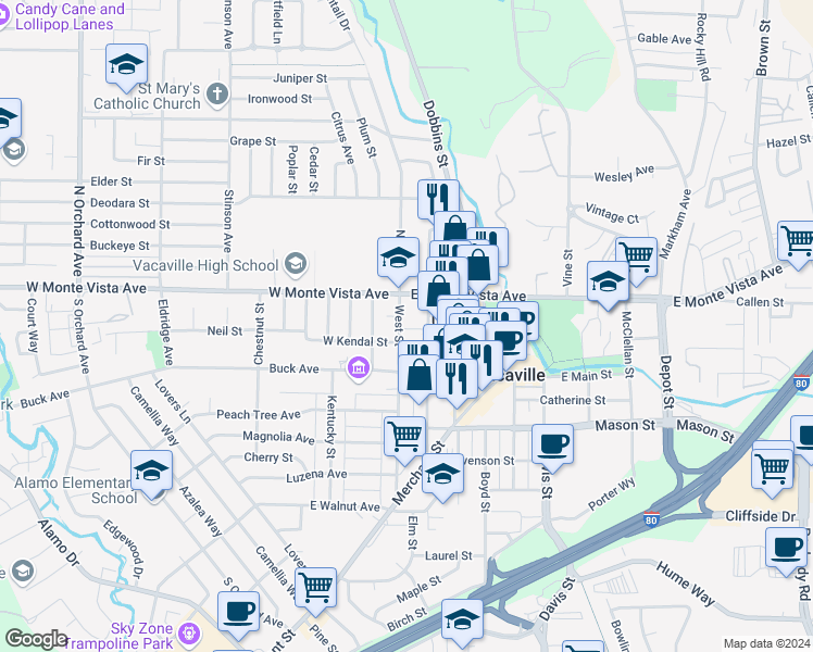 map of restaurants, bars, coffee shops, grocery stores, and more near 137 West Street in Vacaville