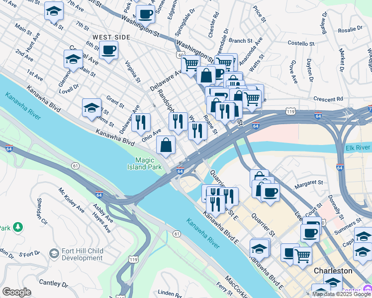 map of restaurants, bars, coffee shops, grocery stores, and more near 201 Pennsylvania Avenue North in Charleston