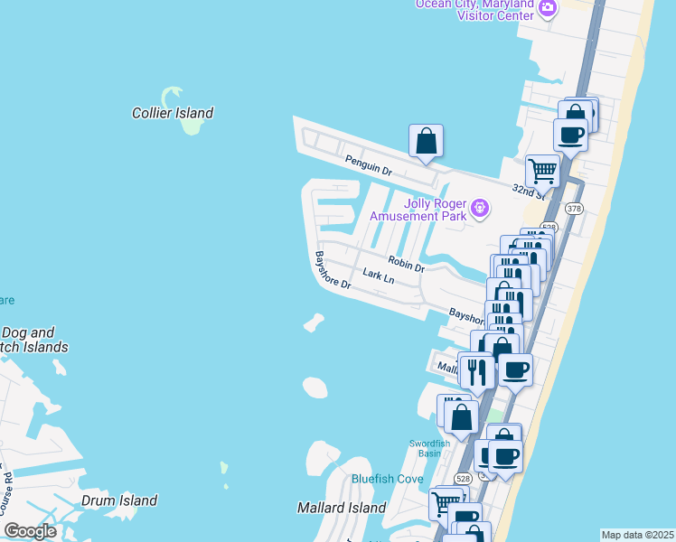 map of restaurants, bars, coffee shops, grocery stores, and more near 2603 Lark Lane in Ocean City