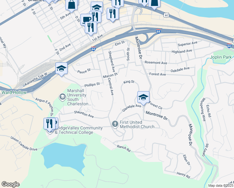 map of restaurants, bars, coffee shops, grocery stores, and more near 346 Central Avenue in Charleston