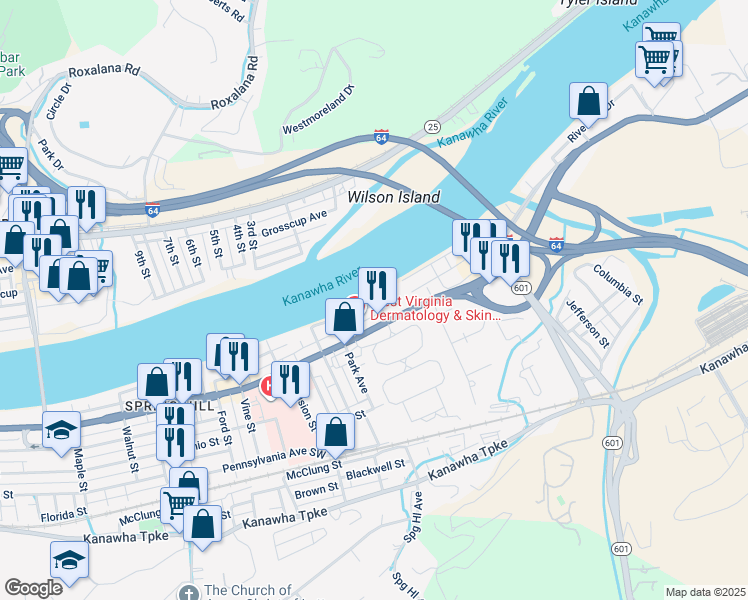 map of restaurants, bars, coffee shops, grocery stores, and more near 4202 River Avenue in South Charleston