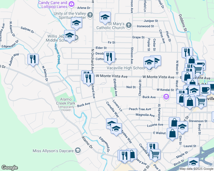 map of restaurants, bars, coffee shops, grocery stores, and more near 425 Morales Court in Vacaville