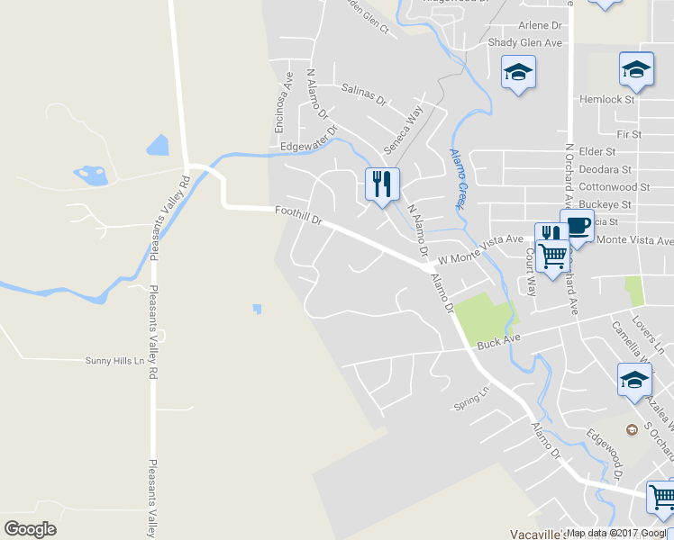 map of restaurants, bars, coffee shops, grocery stores, and more near 143 Oak Hill Court in Vacaville