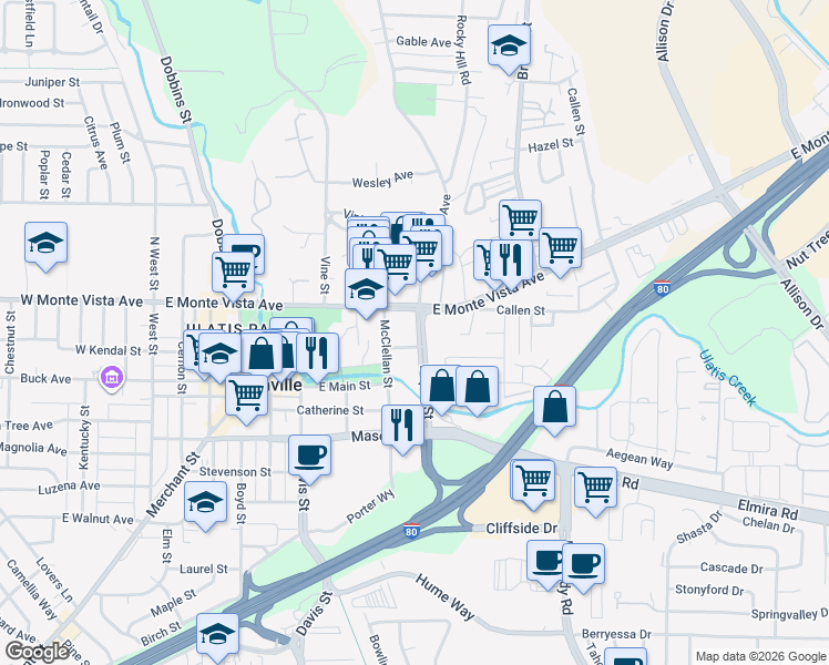 map of restaurants, bars, coffee shops, grocery stores, and more near 140 Depot Street in Vacaville