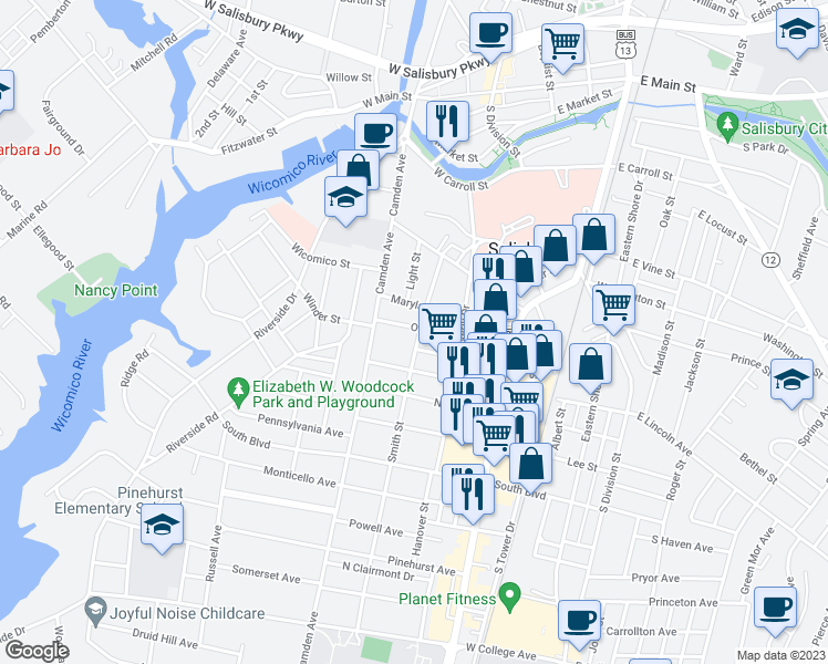 map of restaurants, bars, coffee shops, grocery stores, and more near 700 Smith Street in Salisbury