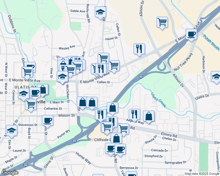 map of restaurants, bars, coffee shops, grocery stores, and more near 131 Garden Circle in Vacaville