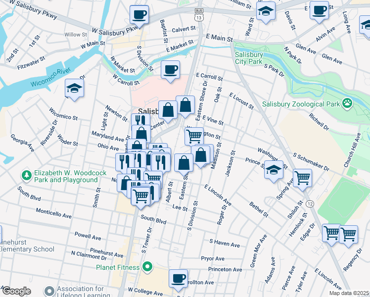 map of restaurants, bars, coffee shops, grocery stores, and more near 614 Eastern Shore Drive in Salisbury