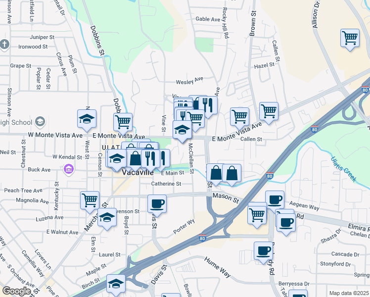map of restaurants, bars, coffee shops, grocery stores, and more near 100 McClellan Street in Vacaville