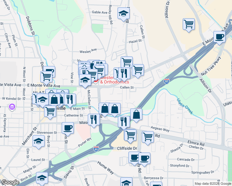 map of restaurants, bars, coffee shops, grocery stores, and more near 940 Callen Street in Vacaville
