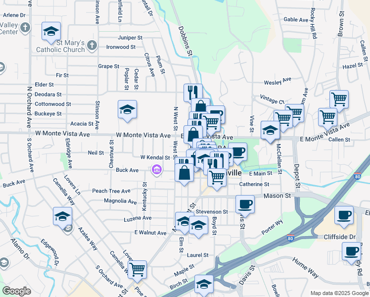 map of restaurants, bars, coffee shops, grocery stores, and more near 137 West Street in Vacaville