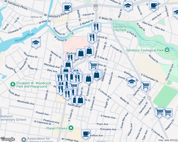 map of restaurants, bars, coffee shops, grocery stores, and more near 614 Eastern Shore Drive in Salisbury