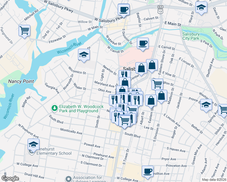 map of restaurants, bars, coffee shops, grocery stores, and more near 215 Ohio Avenue in Salisbury