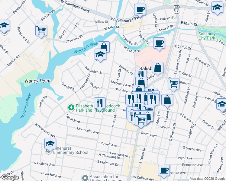 map of restaurants, bars, coffee shops, grocery stores, and more near 310 Ohio Avenue in Salisbury