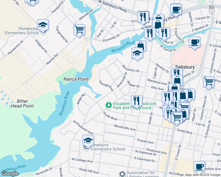 map of restaurants, bars, coffee shops, grocery stores, and more near 720 Riverside Drive in Salisbury