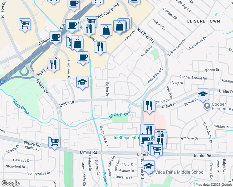 map of restaurants, bars, coffee shops, grocery stores, and more near 373 Danbury Circle in Vacaville
