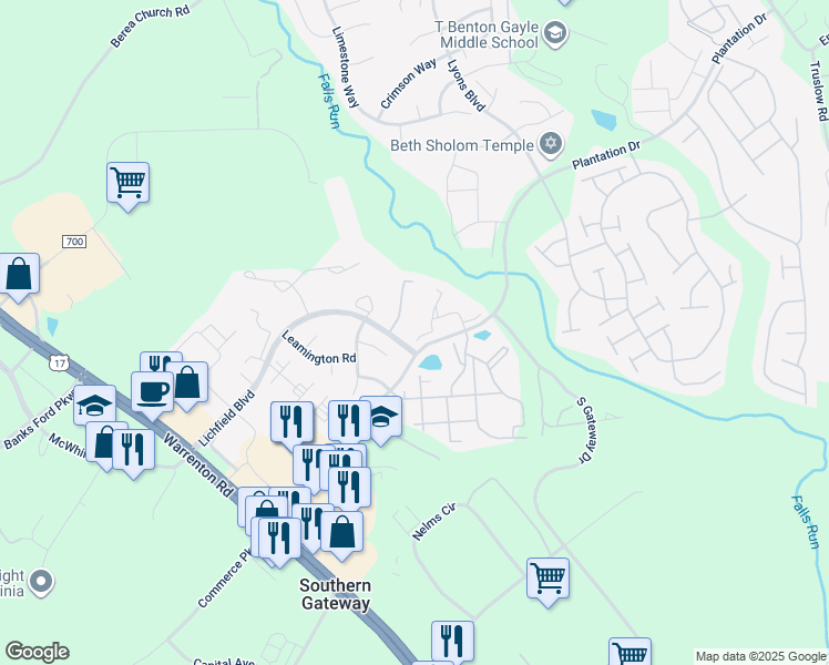map of restaurants, bars, coffee shops, grocery stores, and more near 107 Backridge Court in Fredericksburg