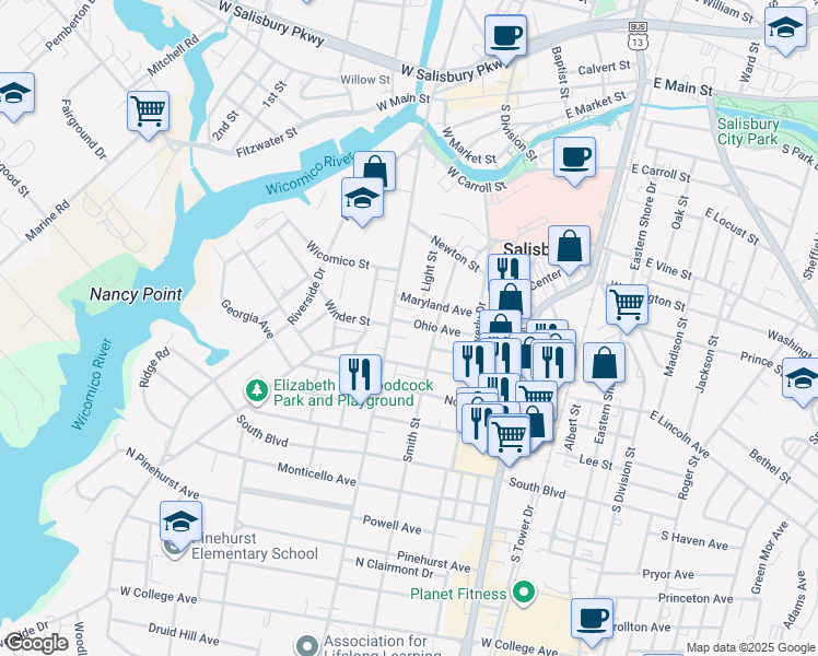 map of restaurants, bars, coffee shops, grocery stores, and more near 310 Ohio Avenue in Salisbury