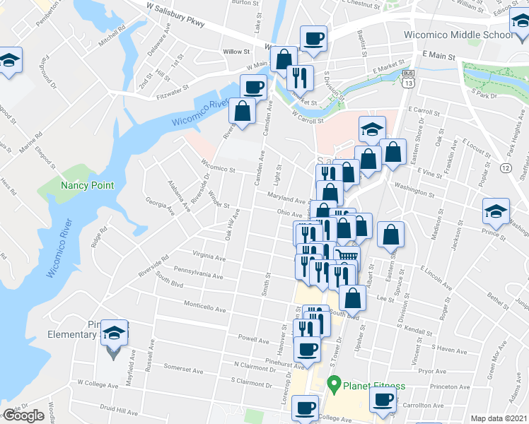 map of restaurants, bars, coffee shops, grocery stores, and more near 310 Ohio Avenue in Salisbury