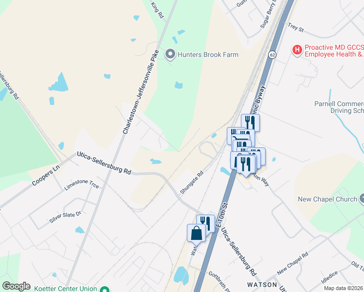 map of restaurants, bars, coffee shops, grocery stores, and more near 5411 Shungate Road in Jeffersonville