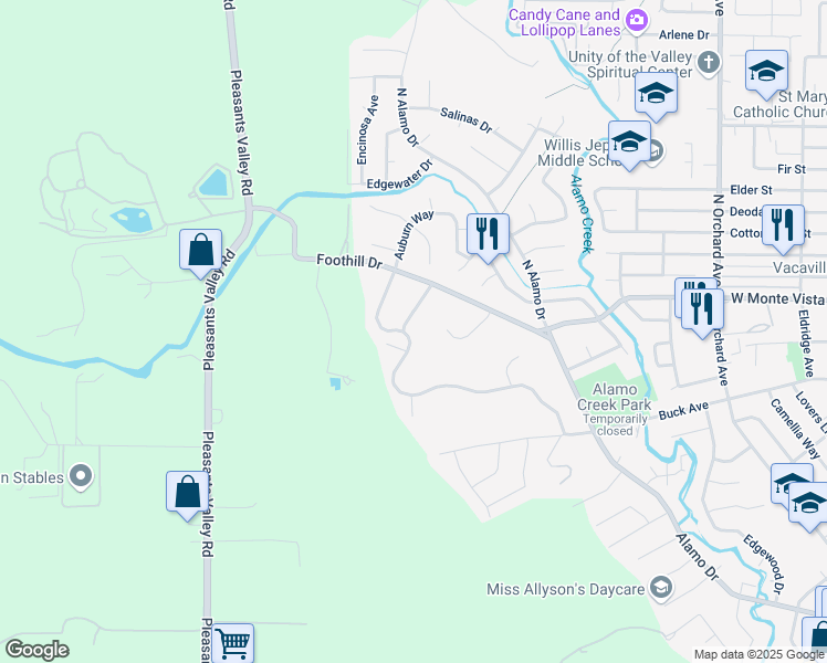 map of restaurants, bars, coffee shops, grocery stores, and more near 143 Oak Hill Court in Vacaville