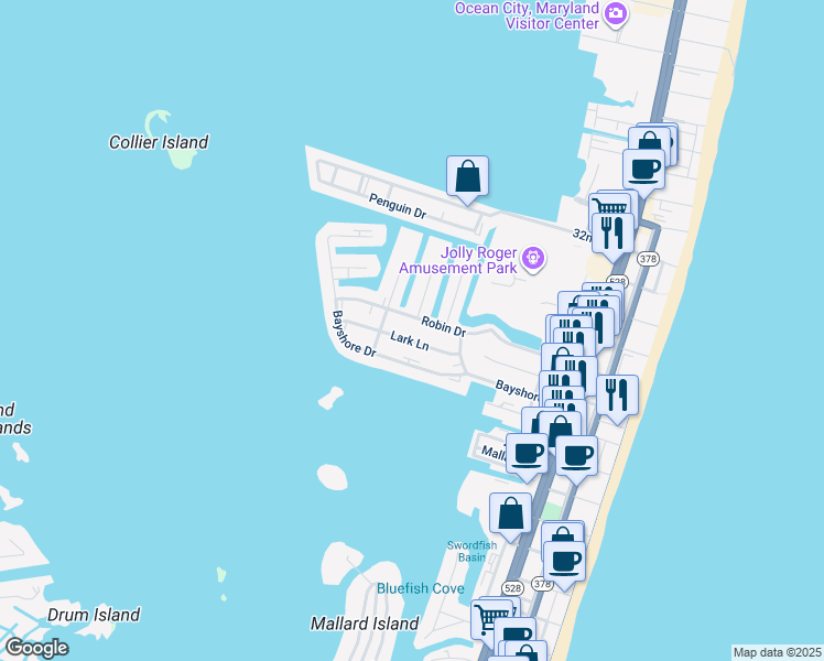 map of restaurants, bars, coffee shops, grocery stores, and more near 413 Robin Drive in Ocean City