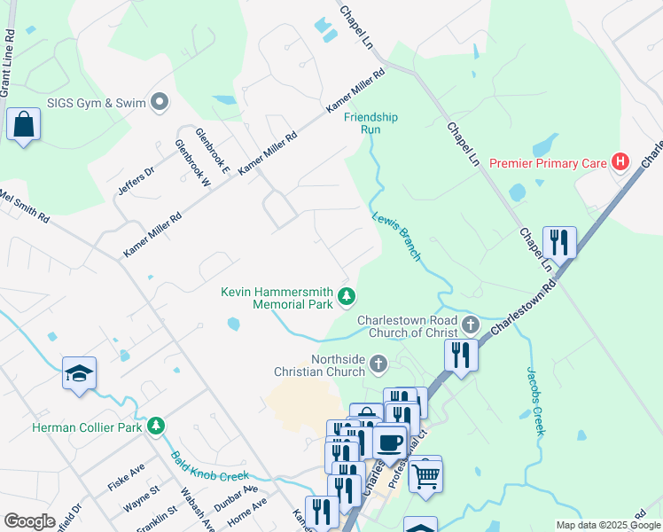 map of restaurants, bars, coffee shops, grocery stores, and more near 4200 Shetland Court in New Albany