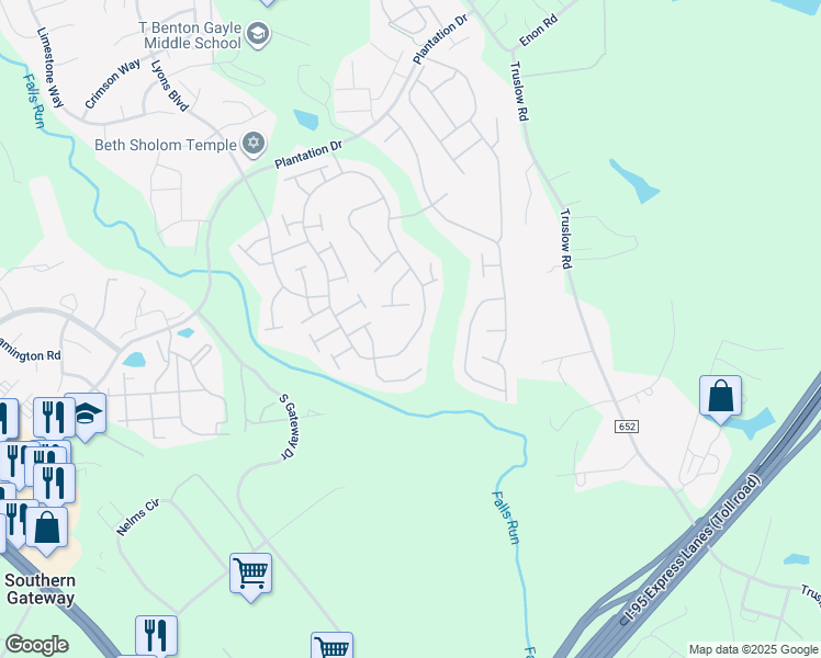 map of restaurants, bars, coffee shops, grocery stores, and more near 249 Bridgewater Circle in Fredericksburg