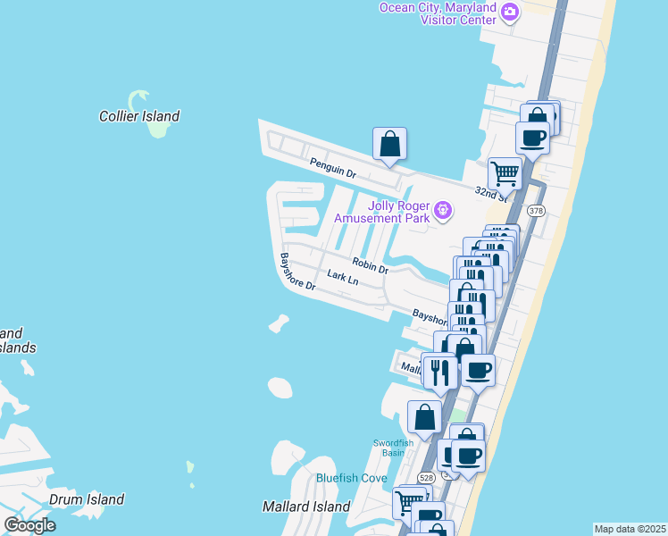 map of restaurants, bars, coffee shops, grocery stores, and more near 424 Lark Lane in Ocean City