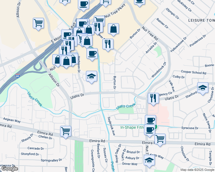 map of restaurants, bars, coffee shops, grocery stores, and more near 1111 Ulatis Drive in Vacaville