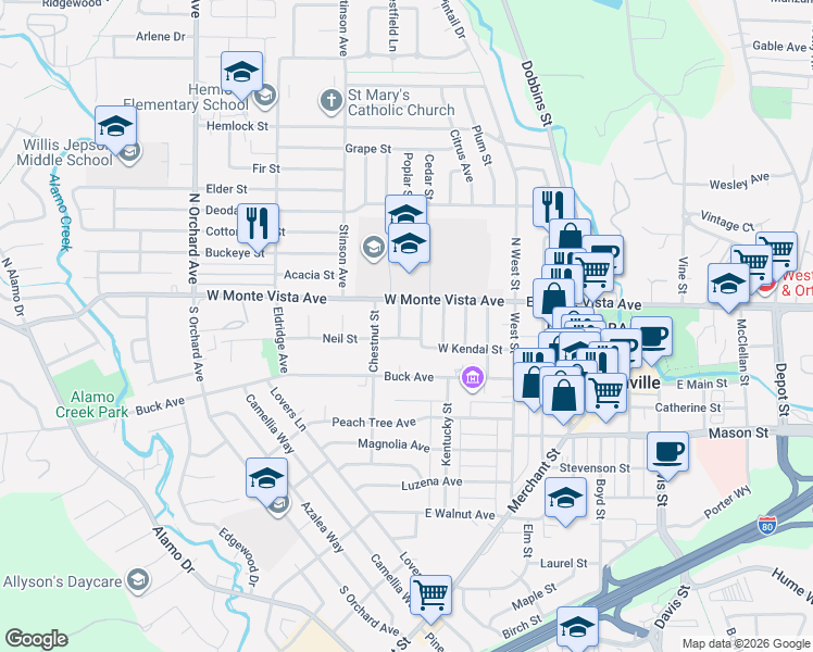 map of restaurants, bars, coffee shops, grocery stores, and more near 270 Neil Street in Vacaville