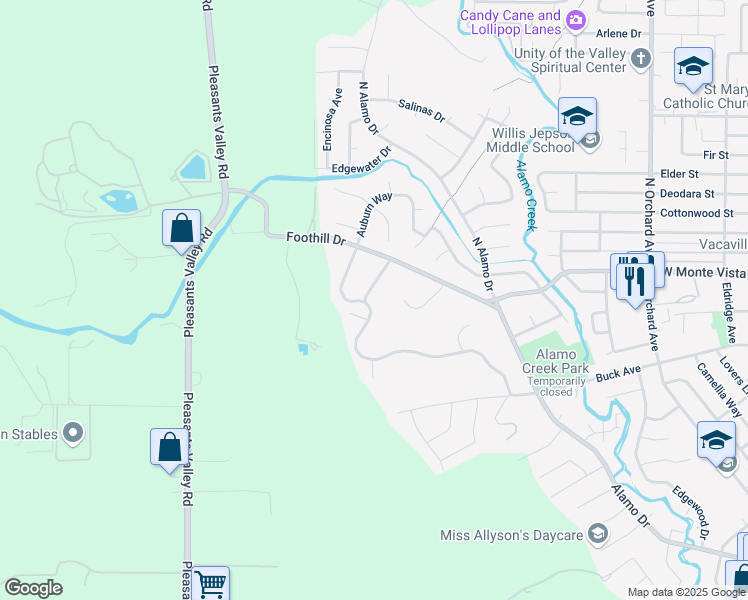 map of restaurants, bars, coffee shops, grocery stores, and more near 143 Oak Hill Court in Vacaville