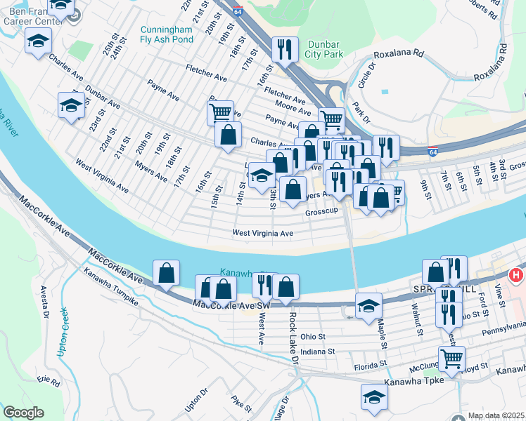 map of restaurants, bars, coffee shops, grocery stores, and more near 1313 Grosscup Avenue in Dunbar