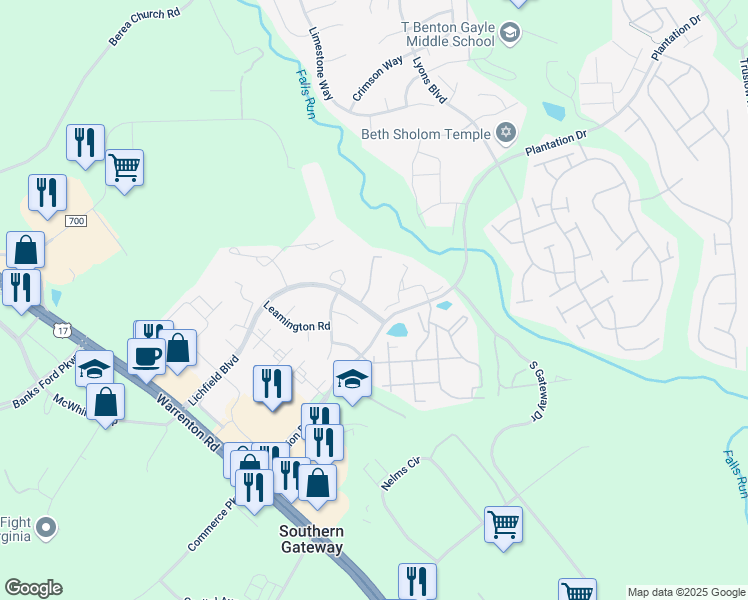 map of restaurants, bars, coffee shops, grocery stores, and more near 102 Harrogate Road in Fredericksburg