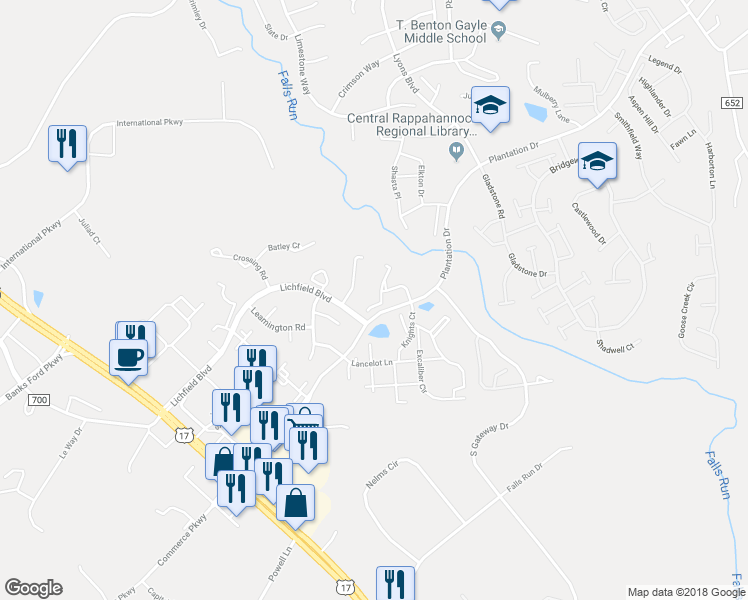 map of restaurants, bars, coffee shops, grocery stores, and more near 205 Backridge Court in Fredericksburg