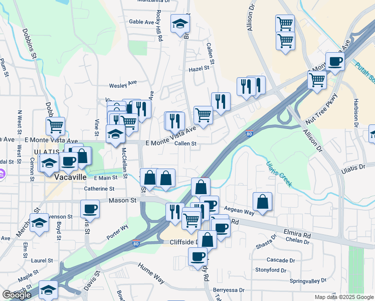 map of restaurants, bars, coffee shops, grocery stores, and more near 131 Garden Circle in Vacaville