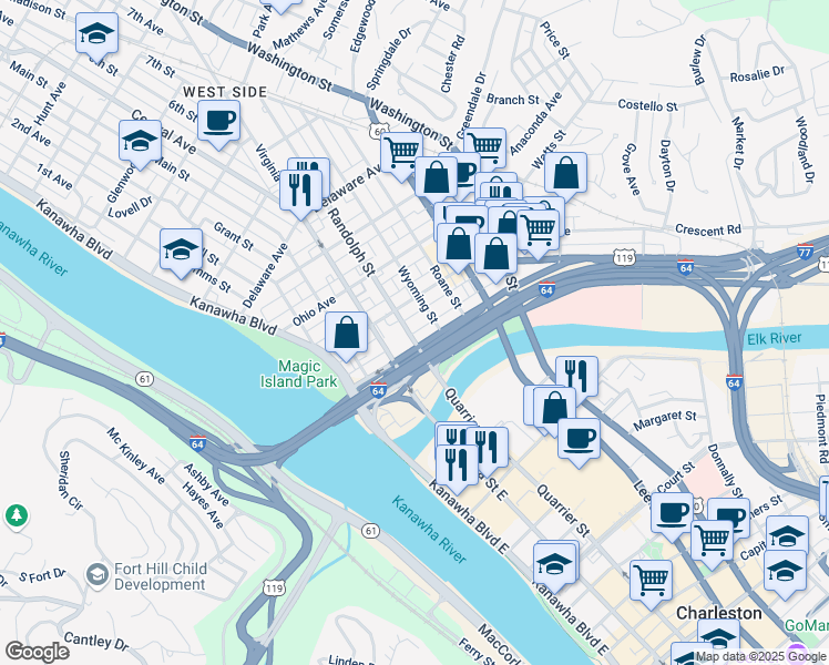map of restaurants, bars, coffee shops, grocery stores, and more near 201 Pennsylvania Avenue North in Charleston